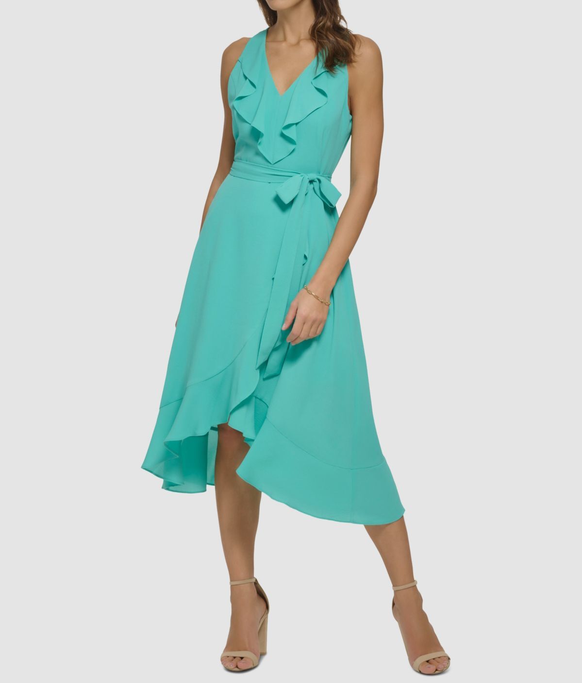 Kensie Women’s Green Ruffled V-Neck Sleeveless Self-Tie A-Line Dress Size 12