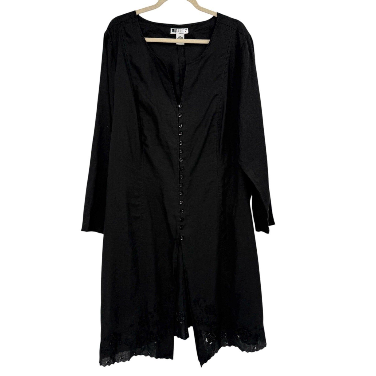 Vintage Carole Little Black Linen Dress Duster 2X Crochet Lagenlook Button Down