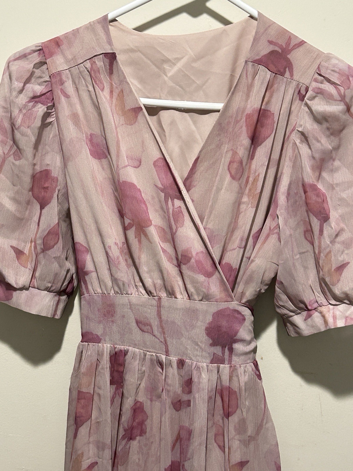 Pink Floral Wrap Dress Small Romantic Flowy Ankle Length Balloon Sleeves By Dazy