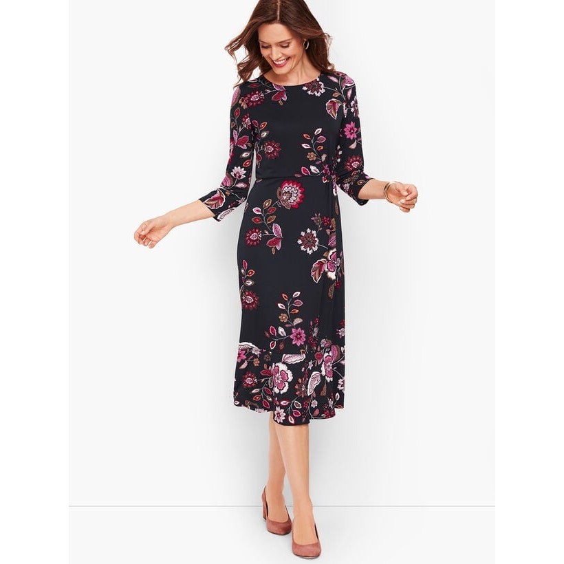 NWT Talbots Dark Floral Ruched Jersey Midi Dress Sz 14 Office Work Career Event