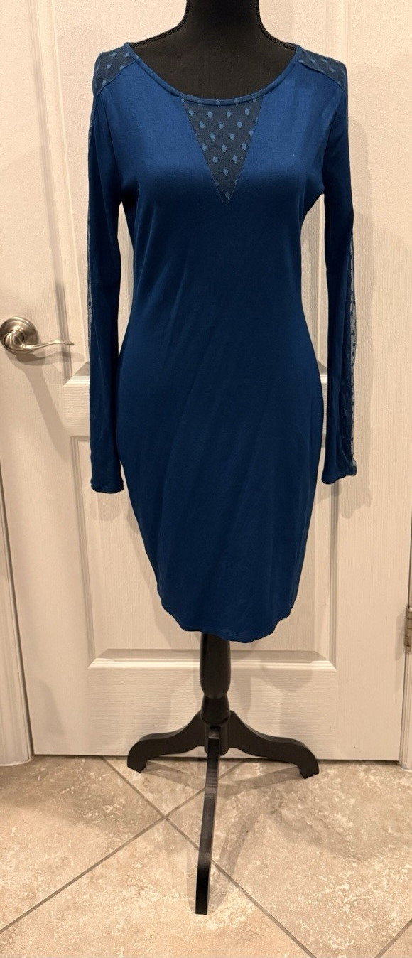 Simply Styled by Sears Blue Polka Dot Mesh V-Neck 3/4 Sleeve Mini Dress M
