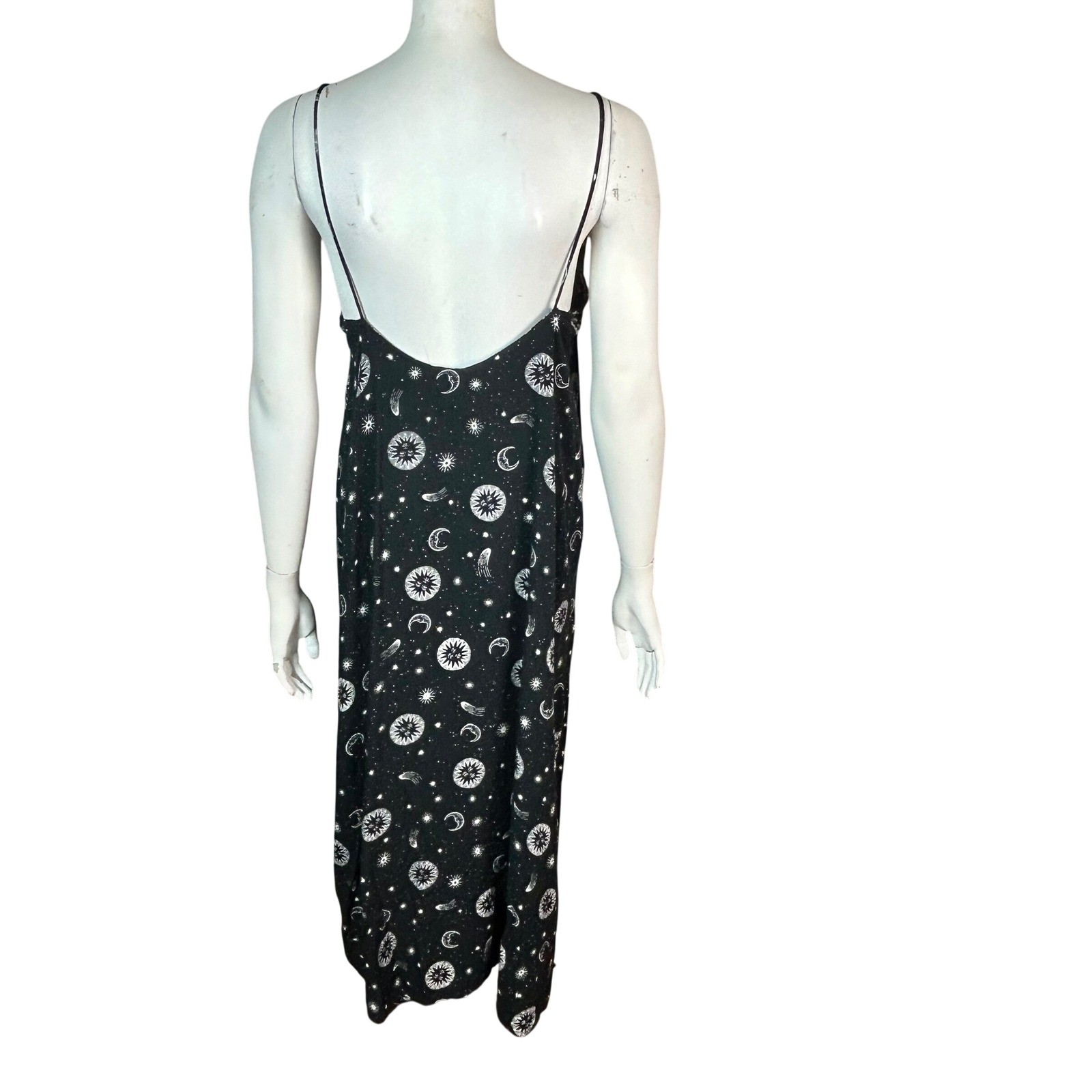 VTG Celestial Witchy Slip Dress Large Motel Black Moon Stars Maxi 90s Open Back