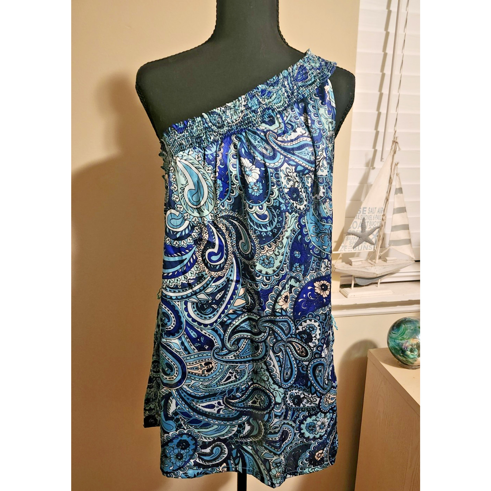 Arden B RARE Y2K Blue Paisley One Shoulder Dress L/XL Coastal Resort Vacation