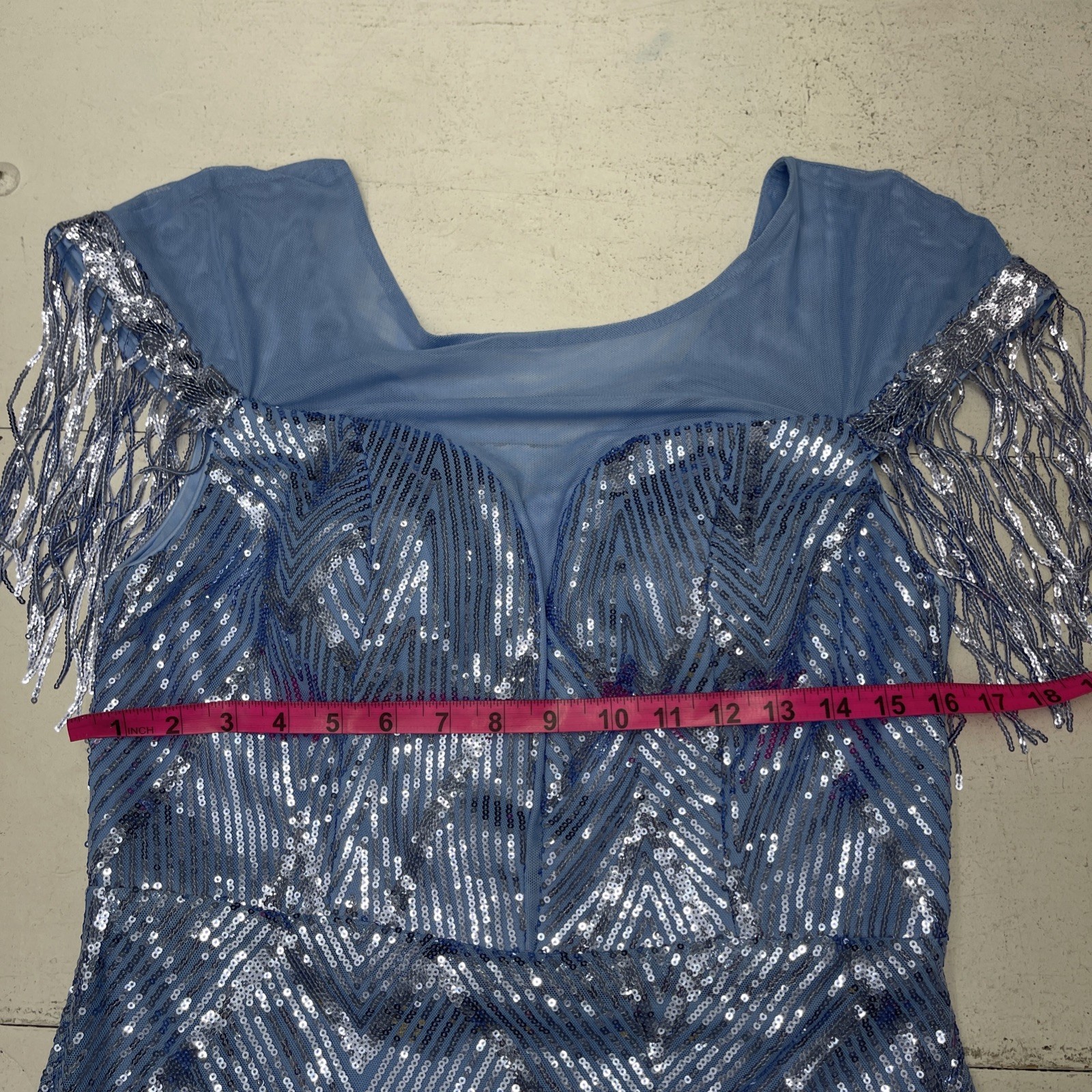Unithorse Blue Sequin Fringe Sleeve Trim Mermaid Hem Formal Maxi Dress Women XL