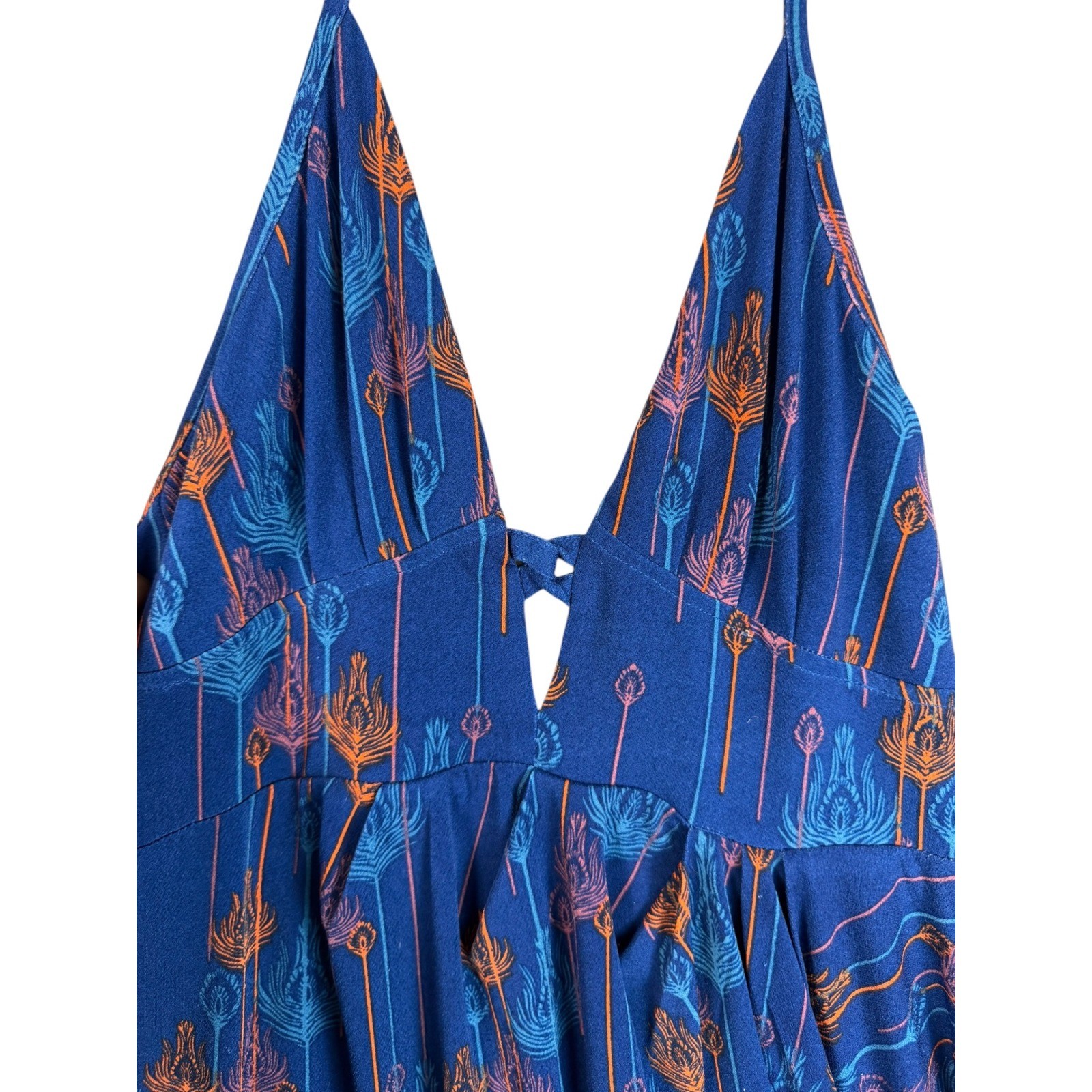 Free People Blue Peacock Feather Print Halter Mini Dress Boho Keyhole Size S