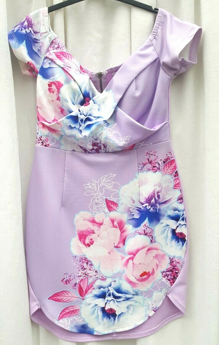 Size 10, light purple, crossover front, shaped hem body con dress Ginger Fizz