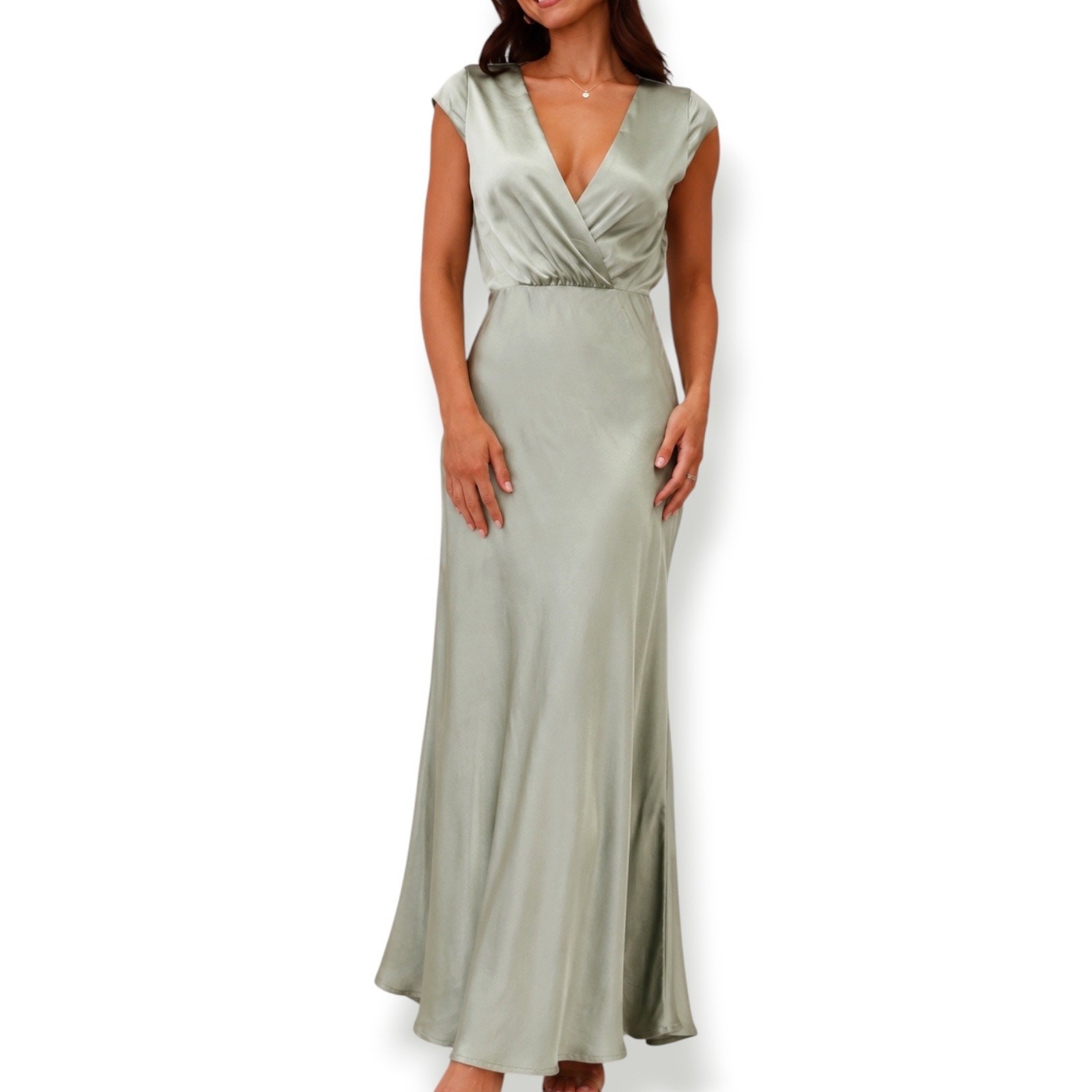 Billy J Selma Sage Green Satin Maxi Dress Bridesmaid Wedding Guest Formal Gown