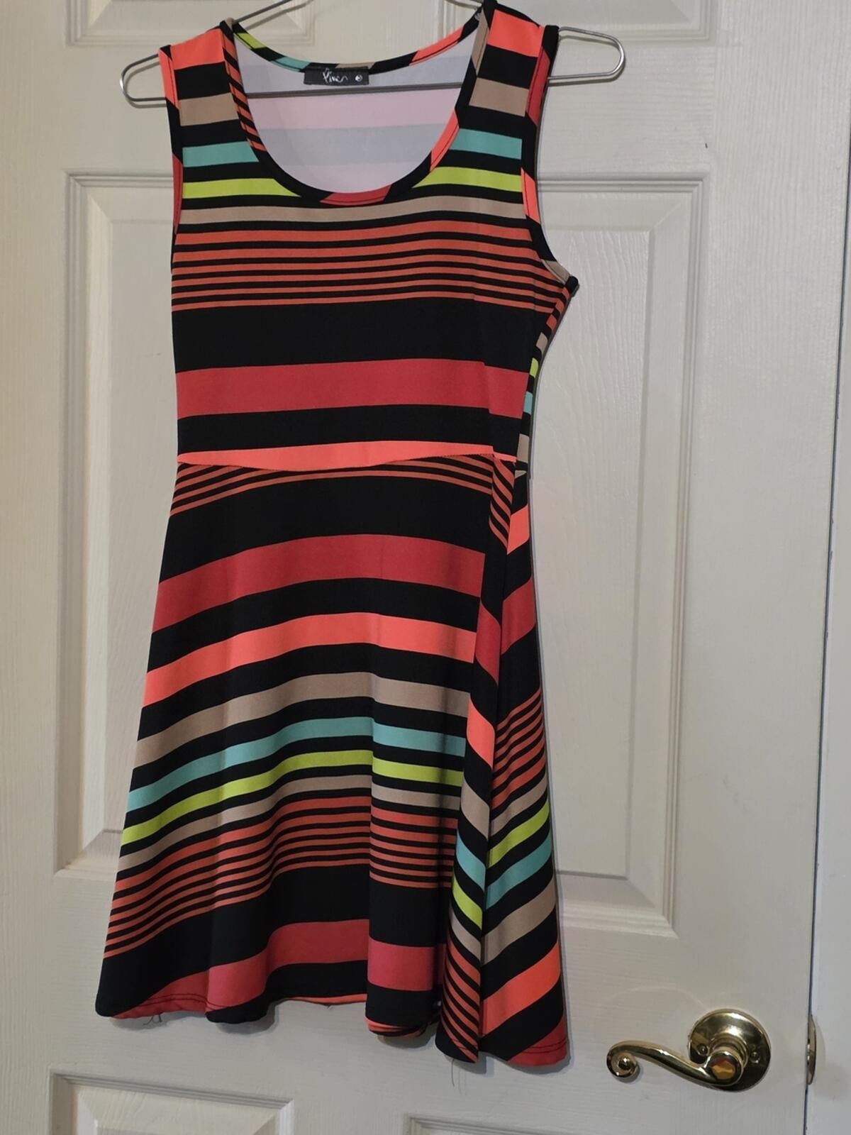 Pinc Striped Sleeveless Mini Dress in Black, Coral, Teal, Lime and Tan