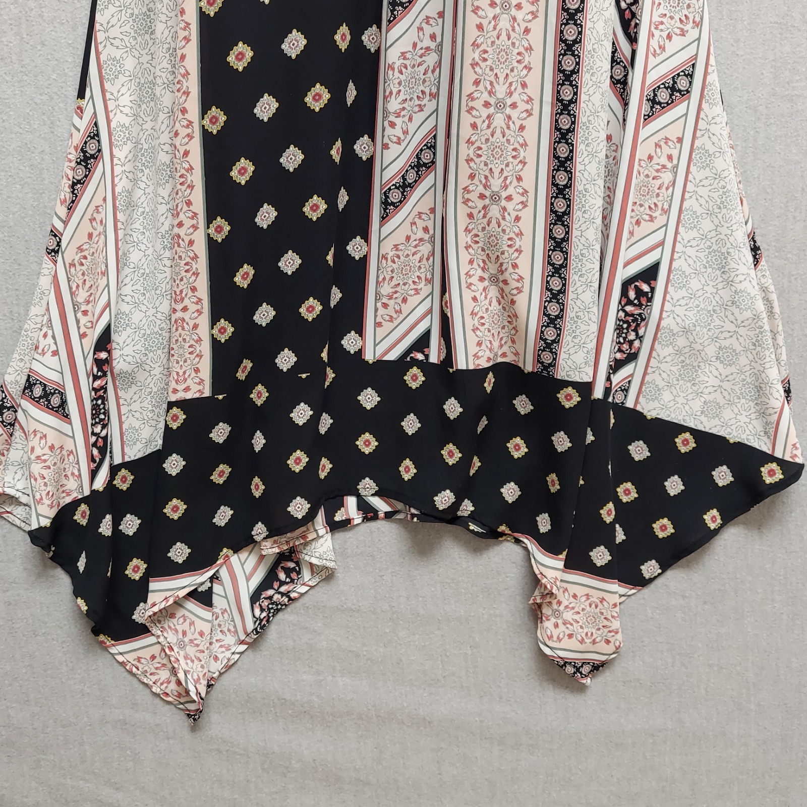 New York & Company Asymmetric Patchwork Maxi Dress M Boho Tie Neck Cape Overlay