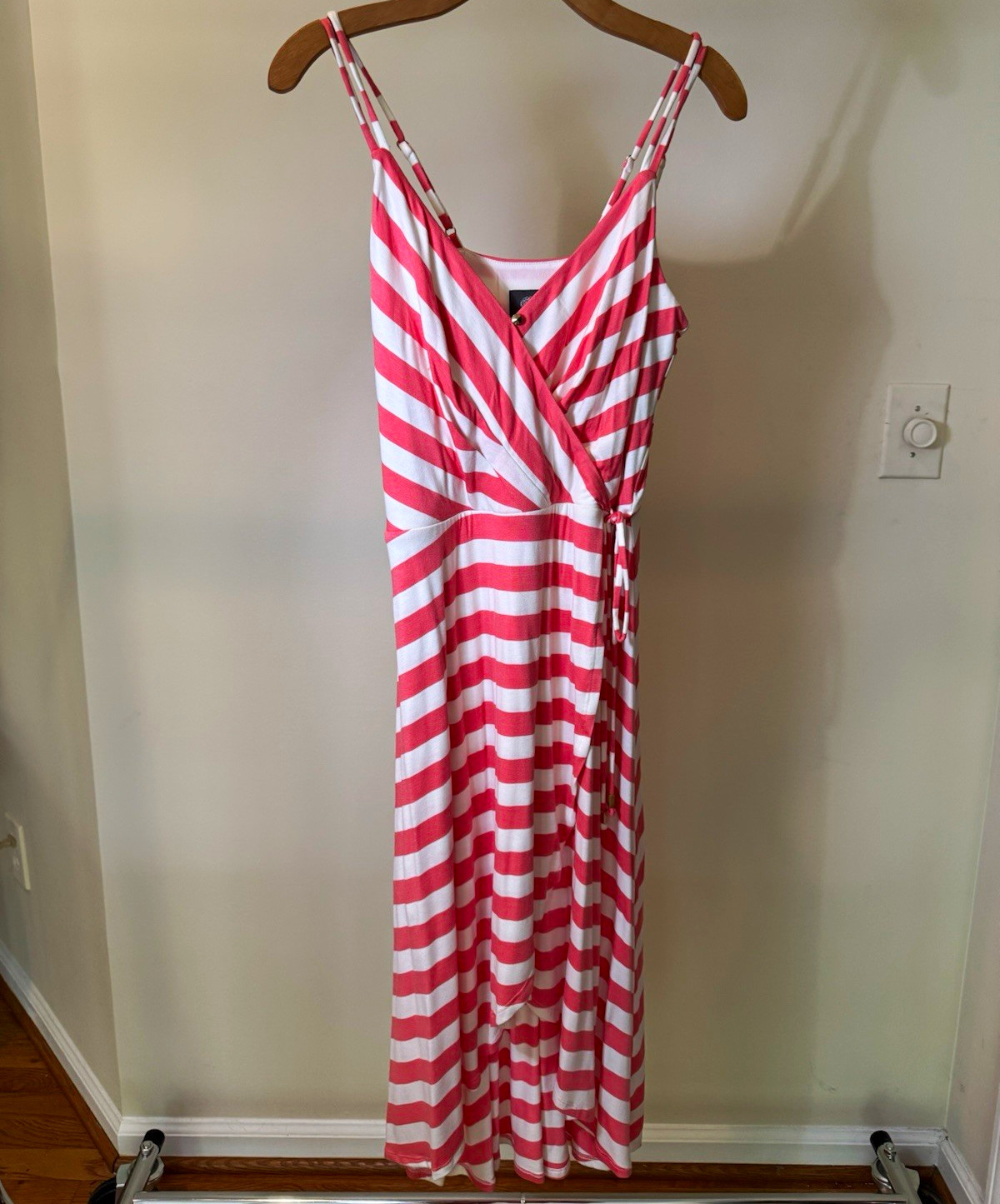 Vince Camuto Wrap Maxi Dress Pink/White Striped V-Neck Tie Waist Sleeveless S