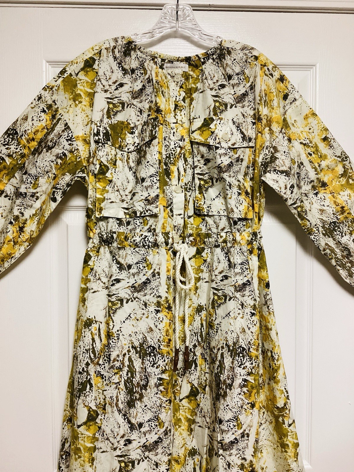 NWT $180 Banana Republic Yellow Camo Splatter Pocket Midi Shirt Dress Sz Small