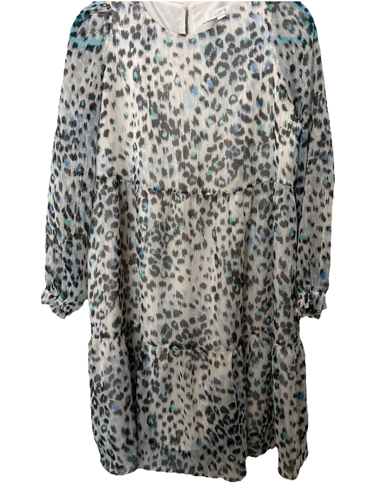 LOFT Animal Print Tiered Loose Fit Lightweight Lined Dress Long Sheer Sleeve MP