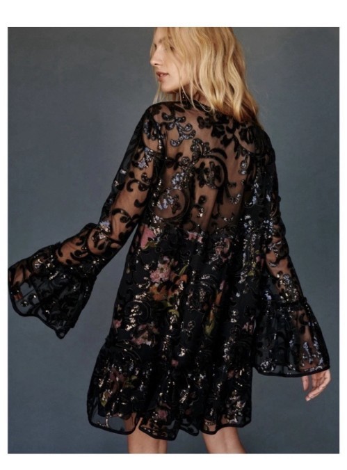 Authentic Free People Falling Flowers Frock Mini Dress Pink Black Sequins