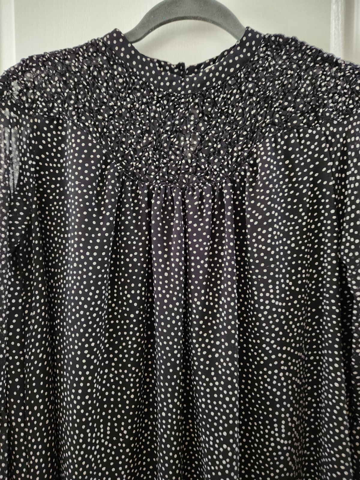 ZARA Collection Smocked High Neck Black/Ivory Polka Dot Dress Long Sleeve Size S