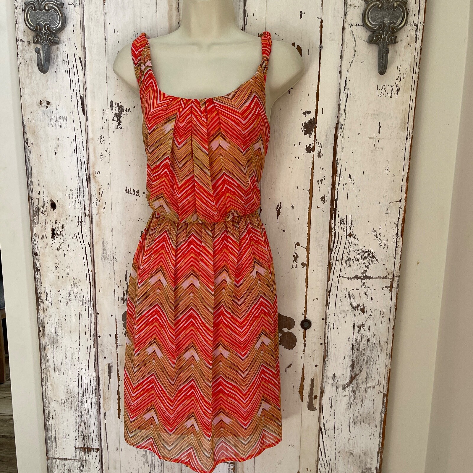 AB Studio Size Small Womans Pink Yellow Red White Brown Chevron Sundress Dress