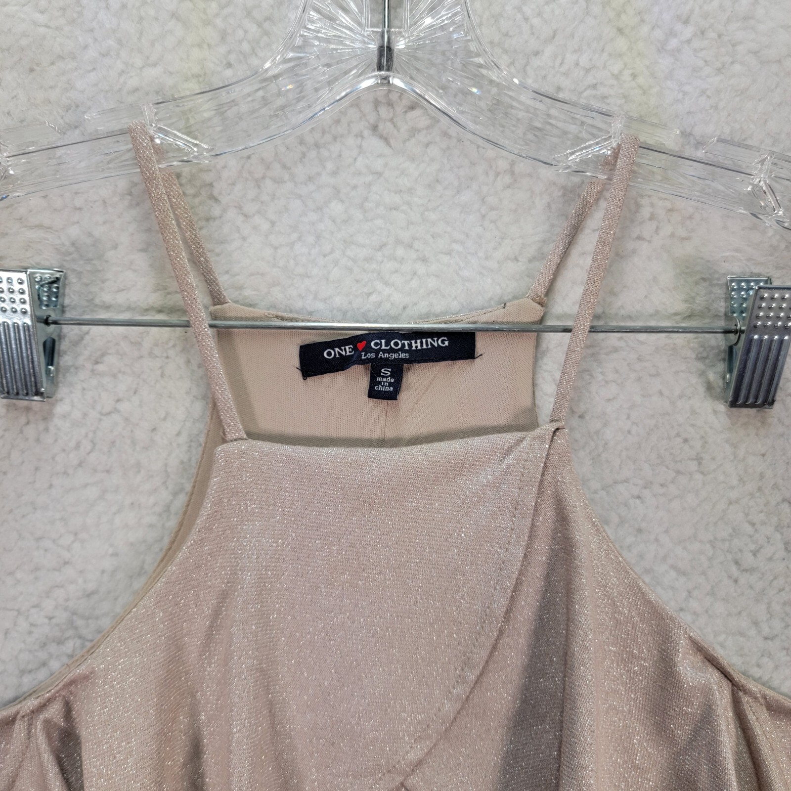 One Love Clothing Womens Dress Size S Beige Glitter Stretch Flowy Ruffled A Line