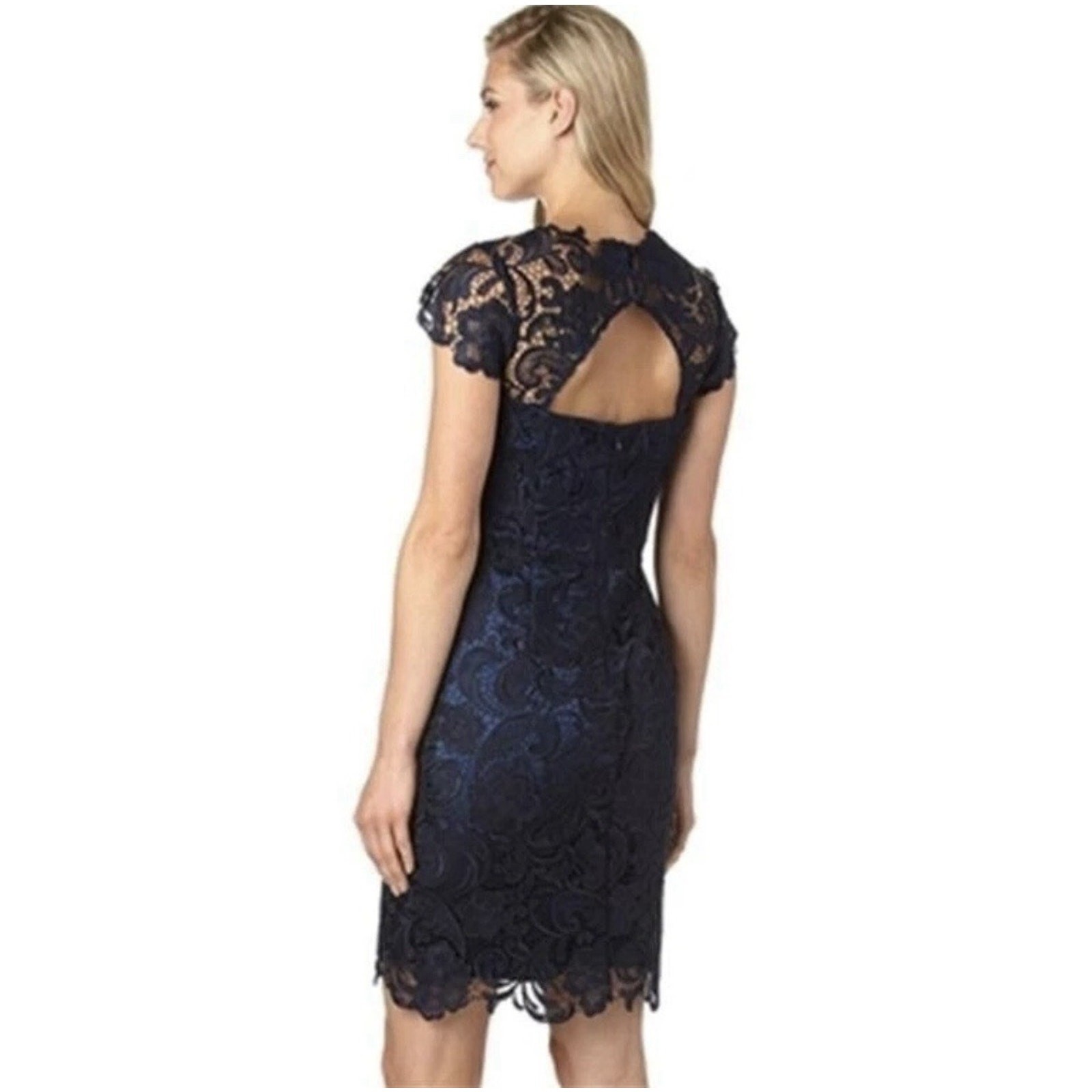 DECODE 1.8 Sheath Dress Sz 4 Womans Navy Blue Scalloped Floral Lace Cap Sleeve