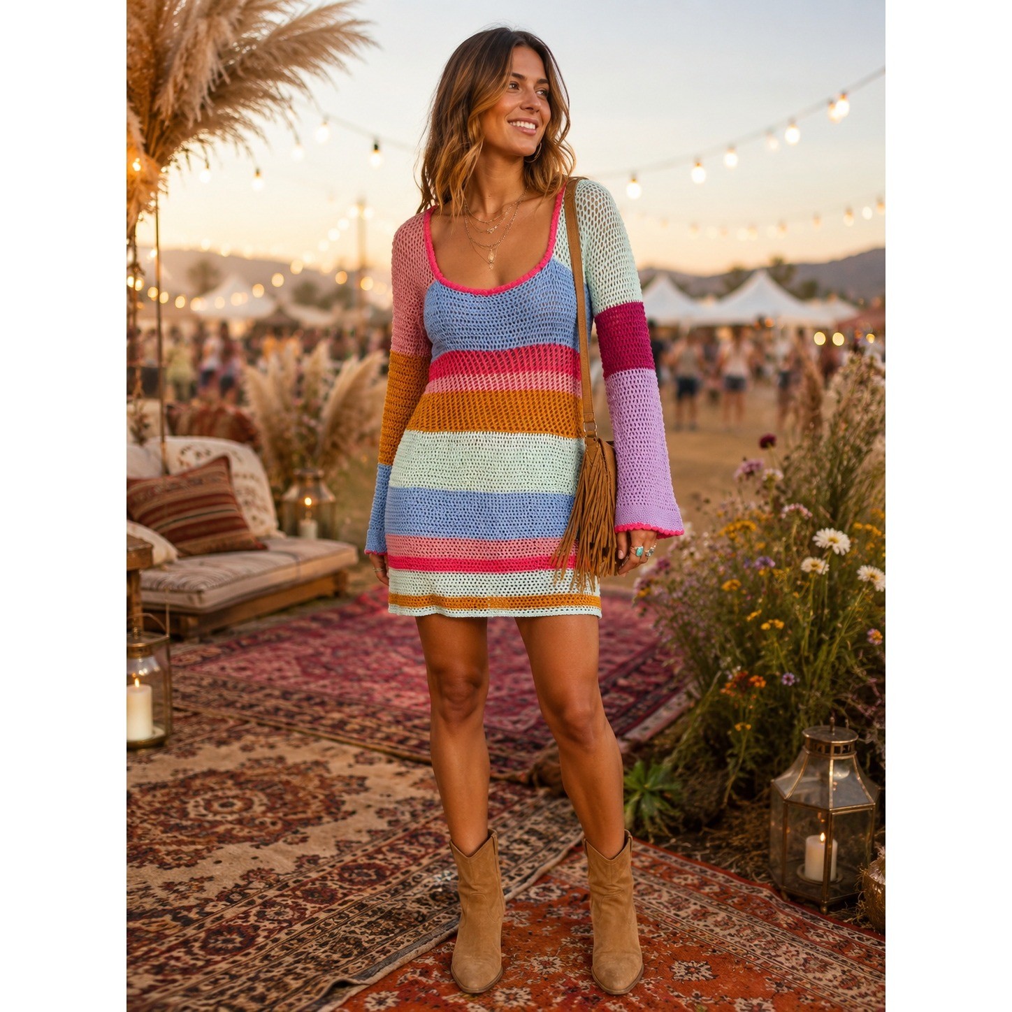 Multicolor Crochet Mini Dress Bell Sleeve Striped Open Knit Festival Boho M