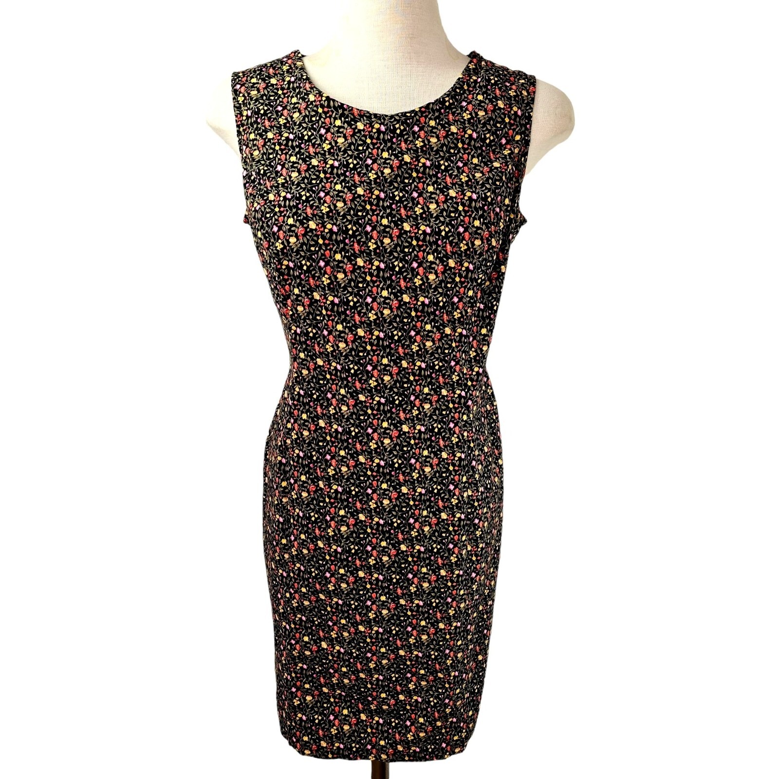 Betsy Lauren Y2K Sleeveless Cotton Sheath Dress Sz 12P Stretch Floral on Black