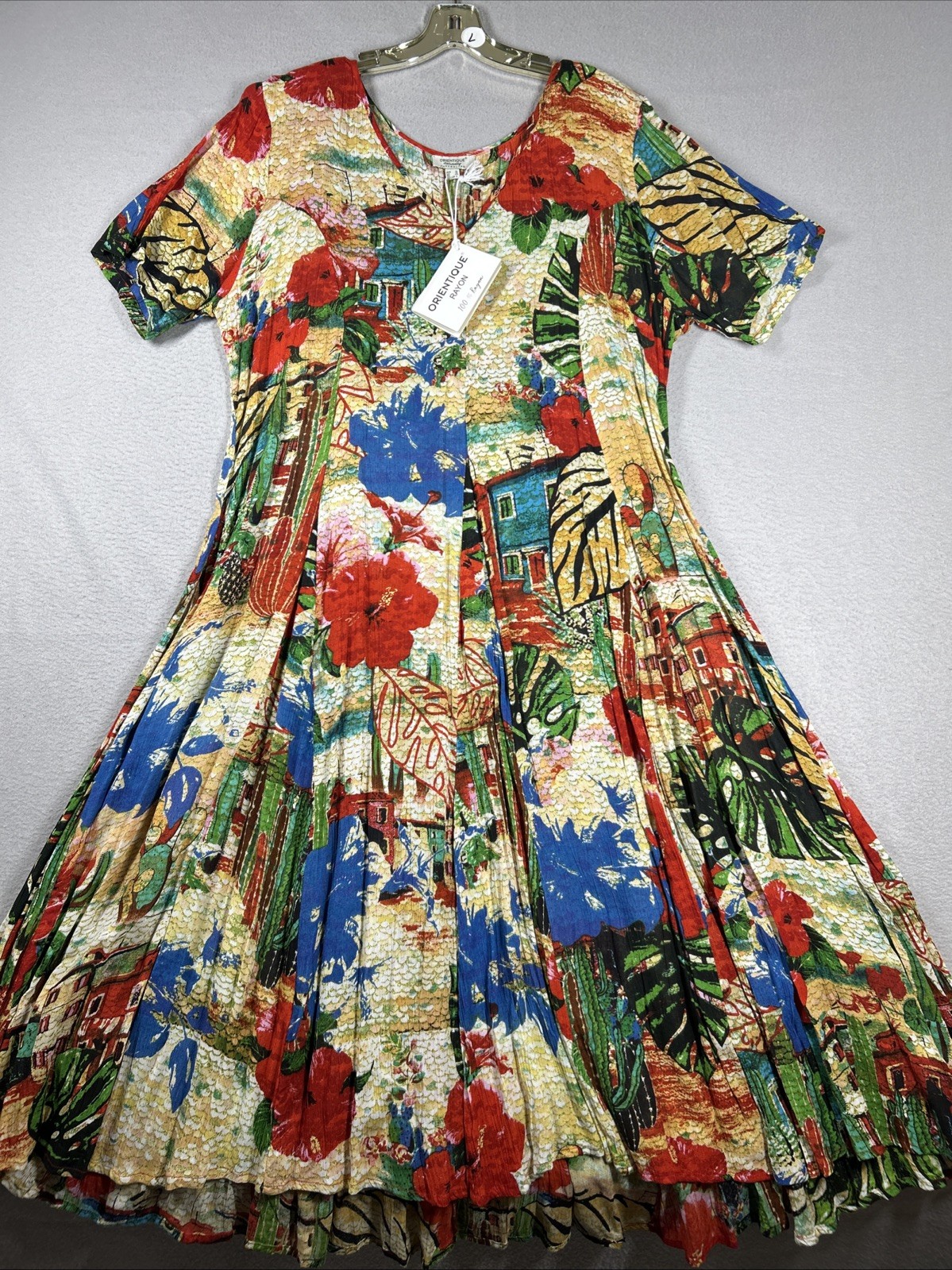 Orientique Maxi Dress Women L Floral Tropical Vacation Islands Rayon 47” Long