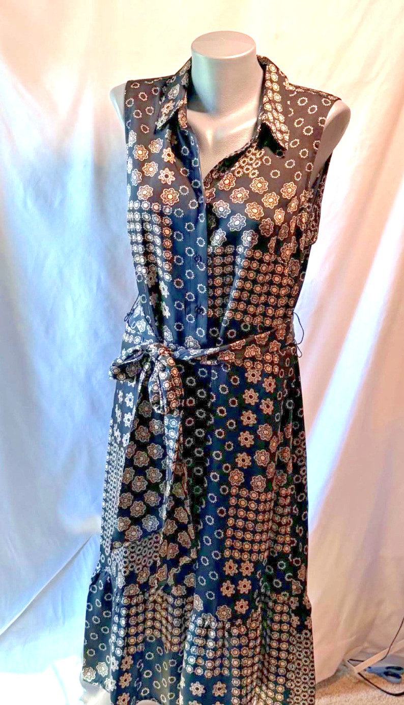 Jones New York sleeveless midi shirt dress, Size L, Button Front, Self tie