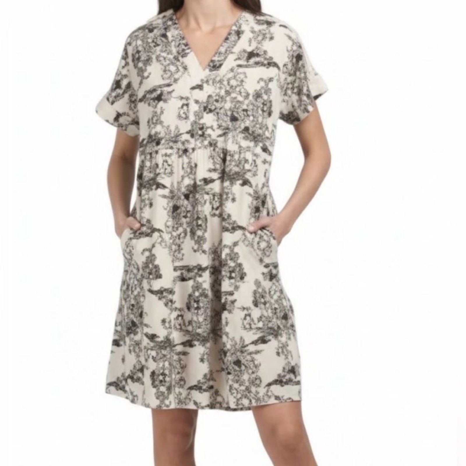 FRANCESCA BETTINI Elegant Print Black & Cream Patterned Mini Dress With Pocket M