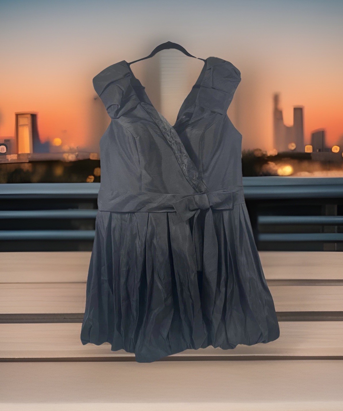Black Cocktail Dress Feat. Bubble Hem V-Neck & Ruched Shoulders w/Bow 3X