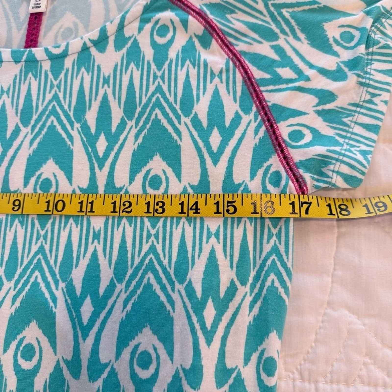 Hatley Teal White Patterned Drop Waist Dress Pink Accent Small
