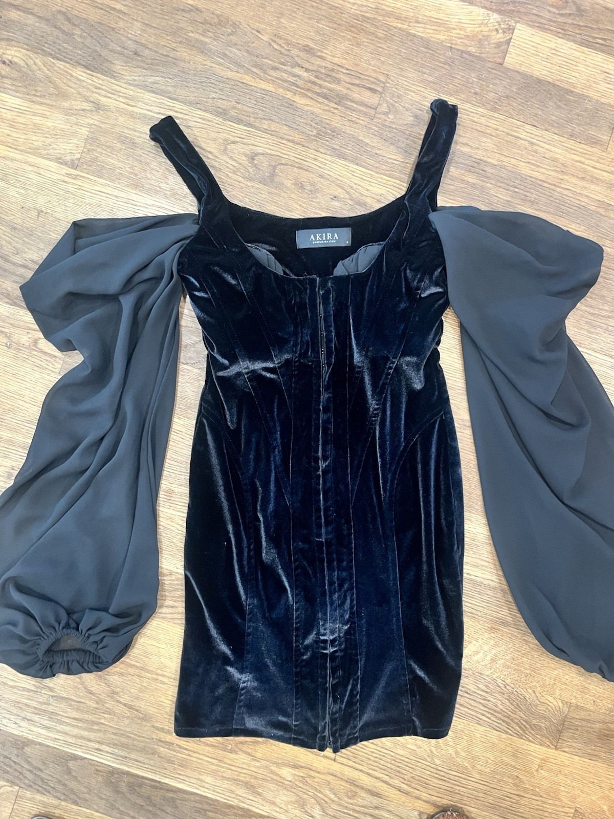 AKIRA Dreaming in Velvet Mini Corset Dress with Voluminous Black Chiffon Sleeves
