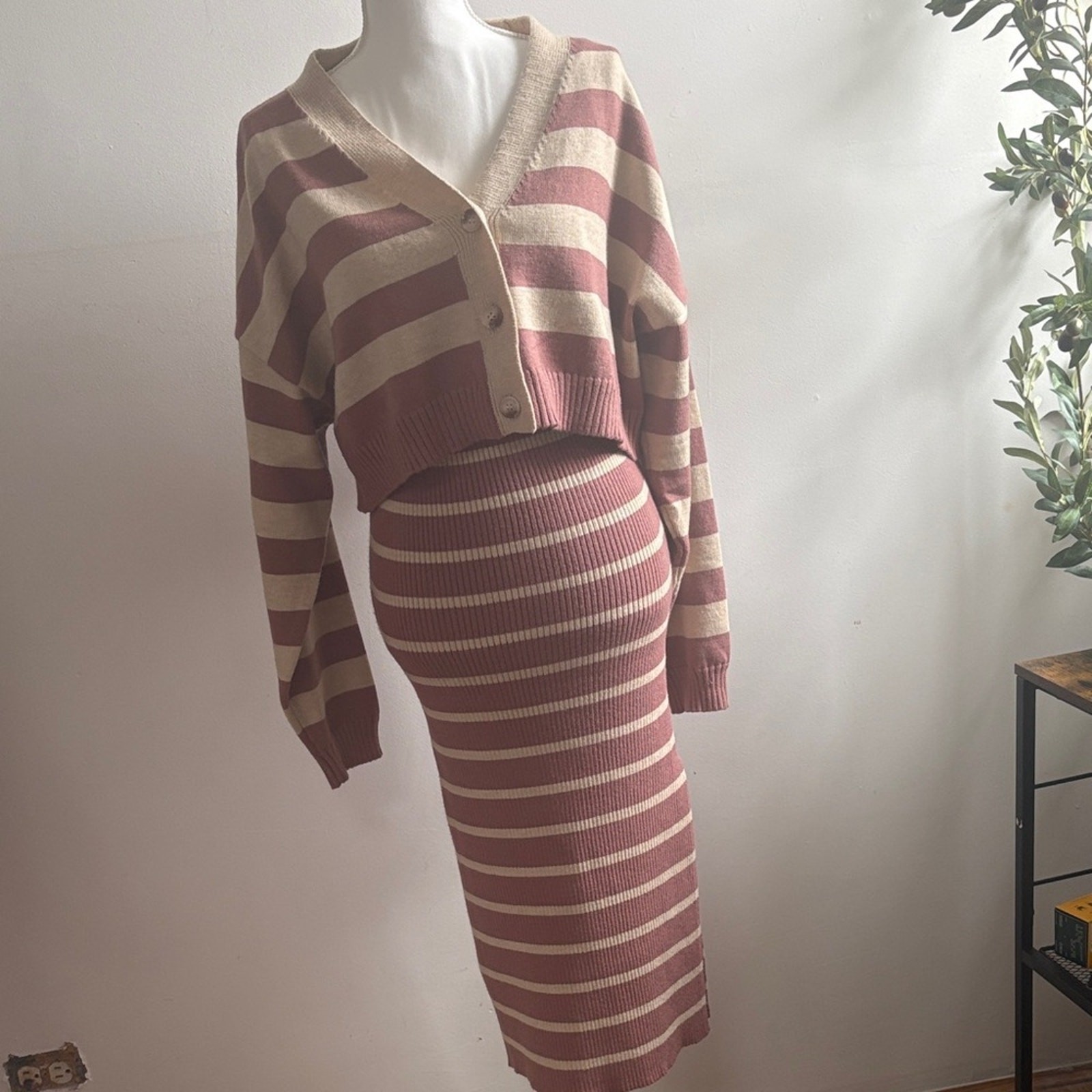 Mable Striped Midi Dress in Burgundy and Cream