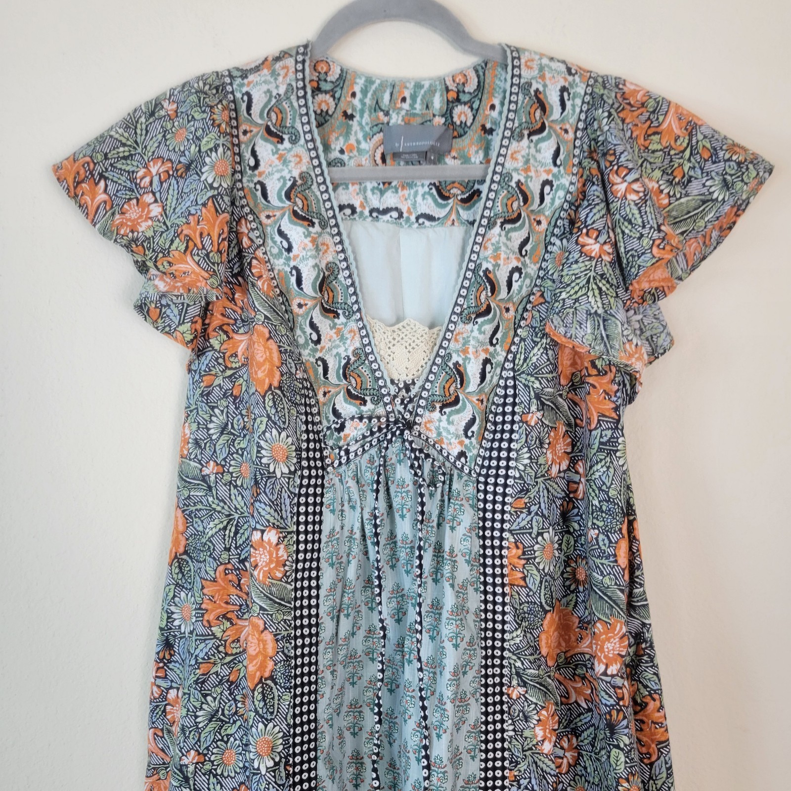 Anthropologie Sz M Astrid Tunic V Neck Floral Printed Lace Flutter Sleeve Dress