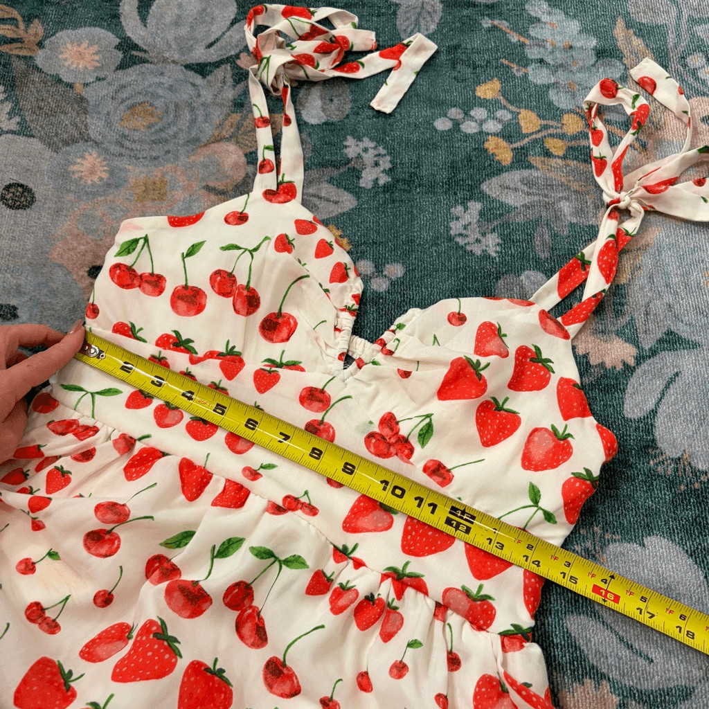 Crystal Doll Midi Dress Womens Large White Red Strawberry Cherry Print Tiered