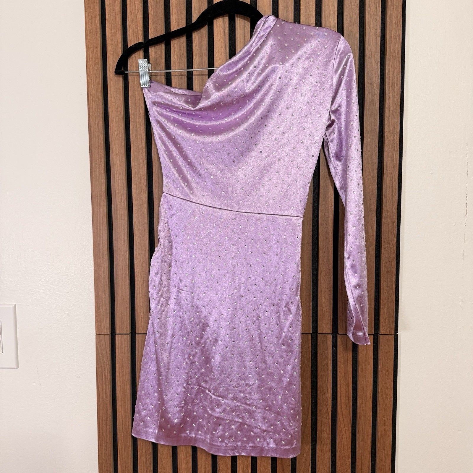 Maje Purple Satin One Shoulder Ruched Rhinestone Mini Dress Zip Long Sleeve 34