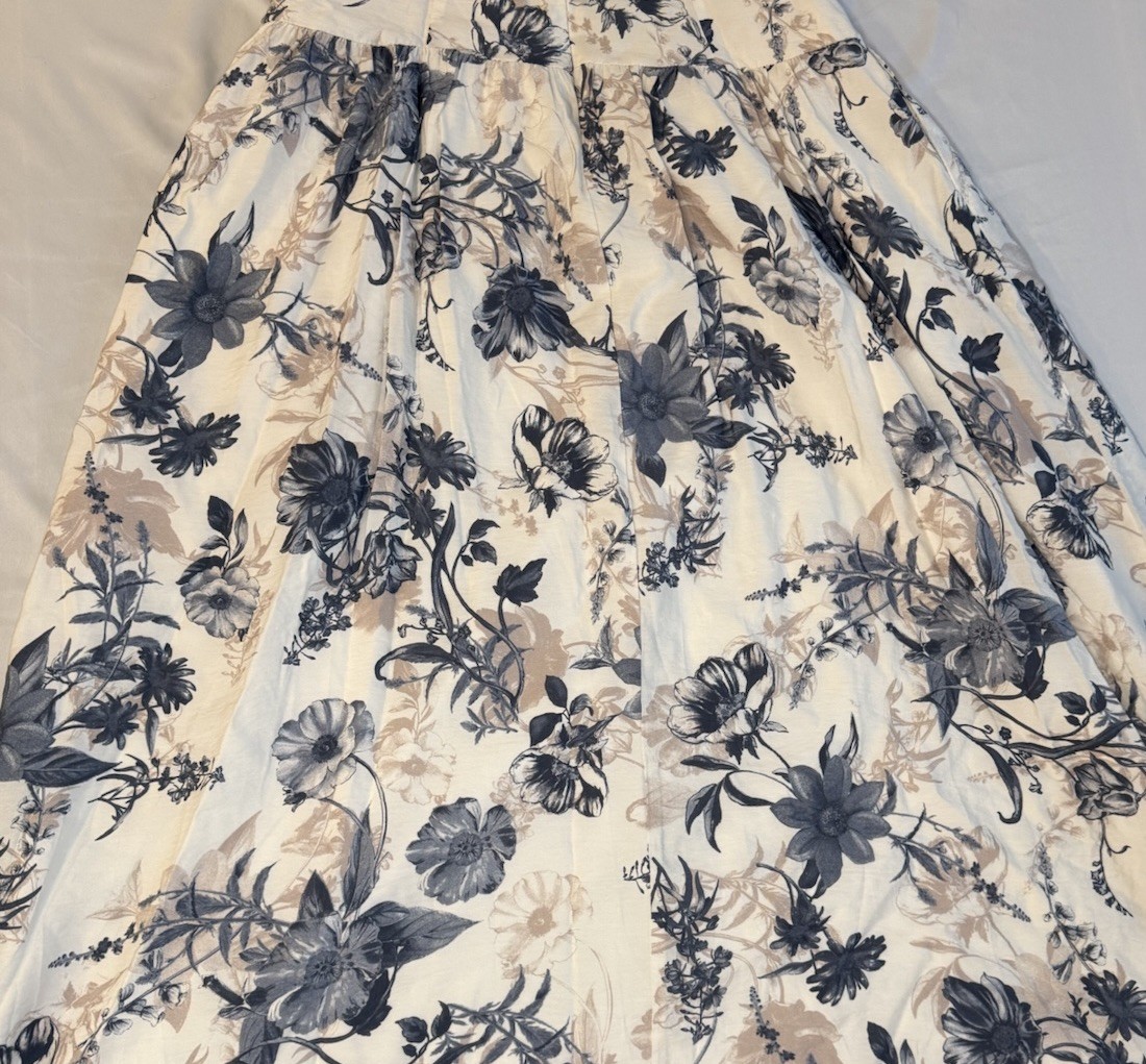 Storia Maxi Sundress Womens Size L Blue Brown Floral Smocked Lined Cottagecore
