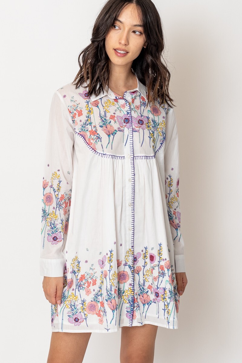 En Creme Women’s Floral Blooms Stitched Detail Long Sleeve Mini Dress