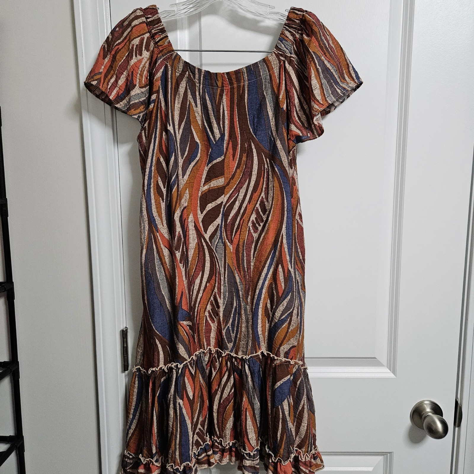 Boho Mini Robbie Bee Dress Womens Sm Multi Abstract Leaf Ruffle Hem Off Shoulder