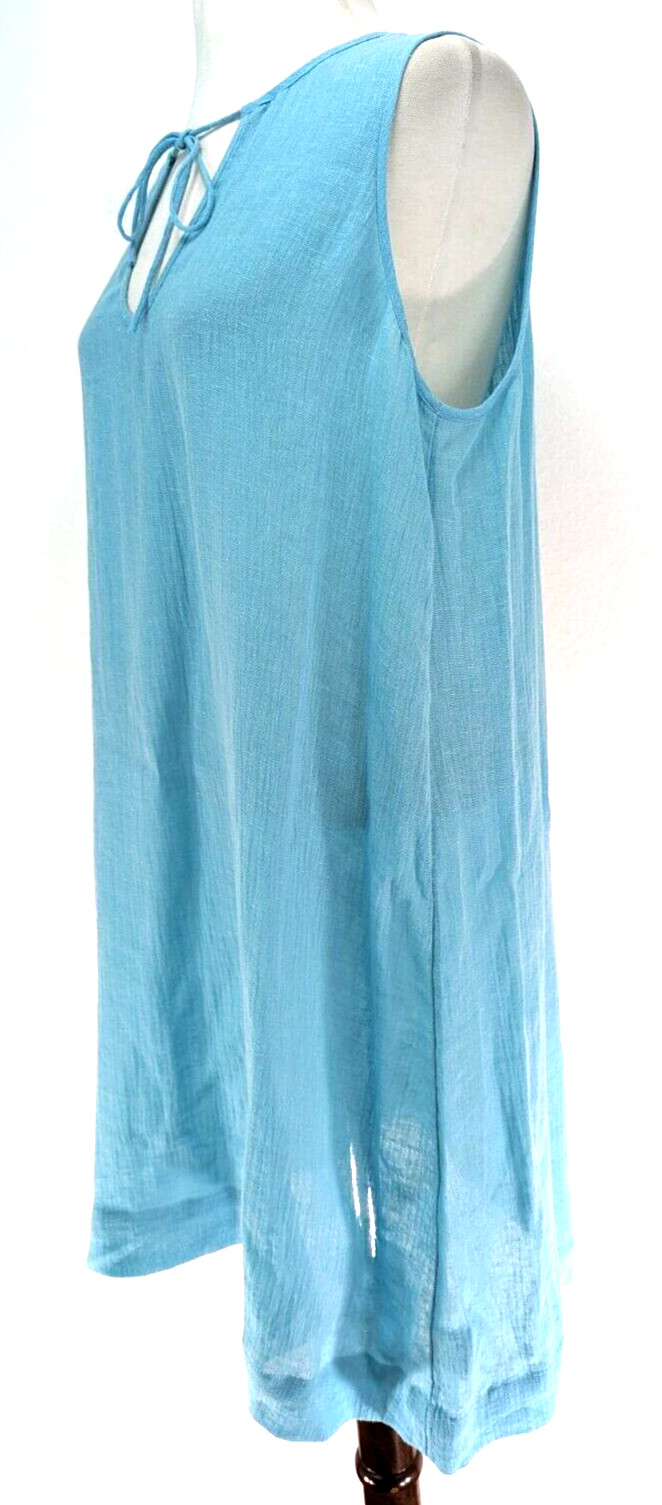 EILEEN FISHER 100% ITALIAN Linen AQUA Sleeveless A-Line Dress Tie Front L VEUC!*
