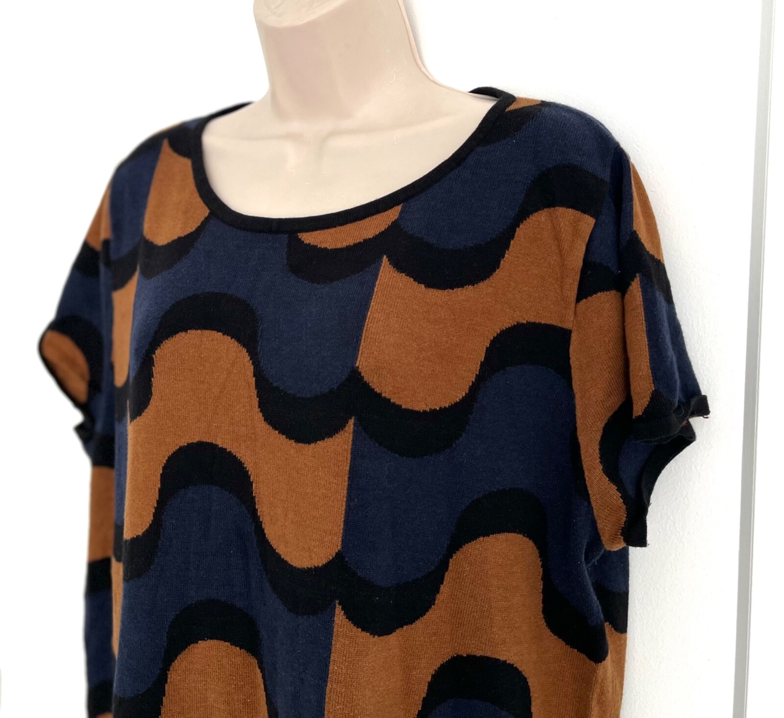 boden Geometric Cotton Viscose Cap Sleeve Knit Dress in Black Blue Brown Sze 18L