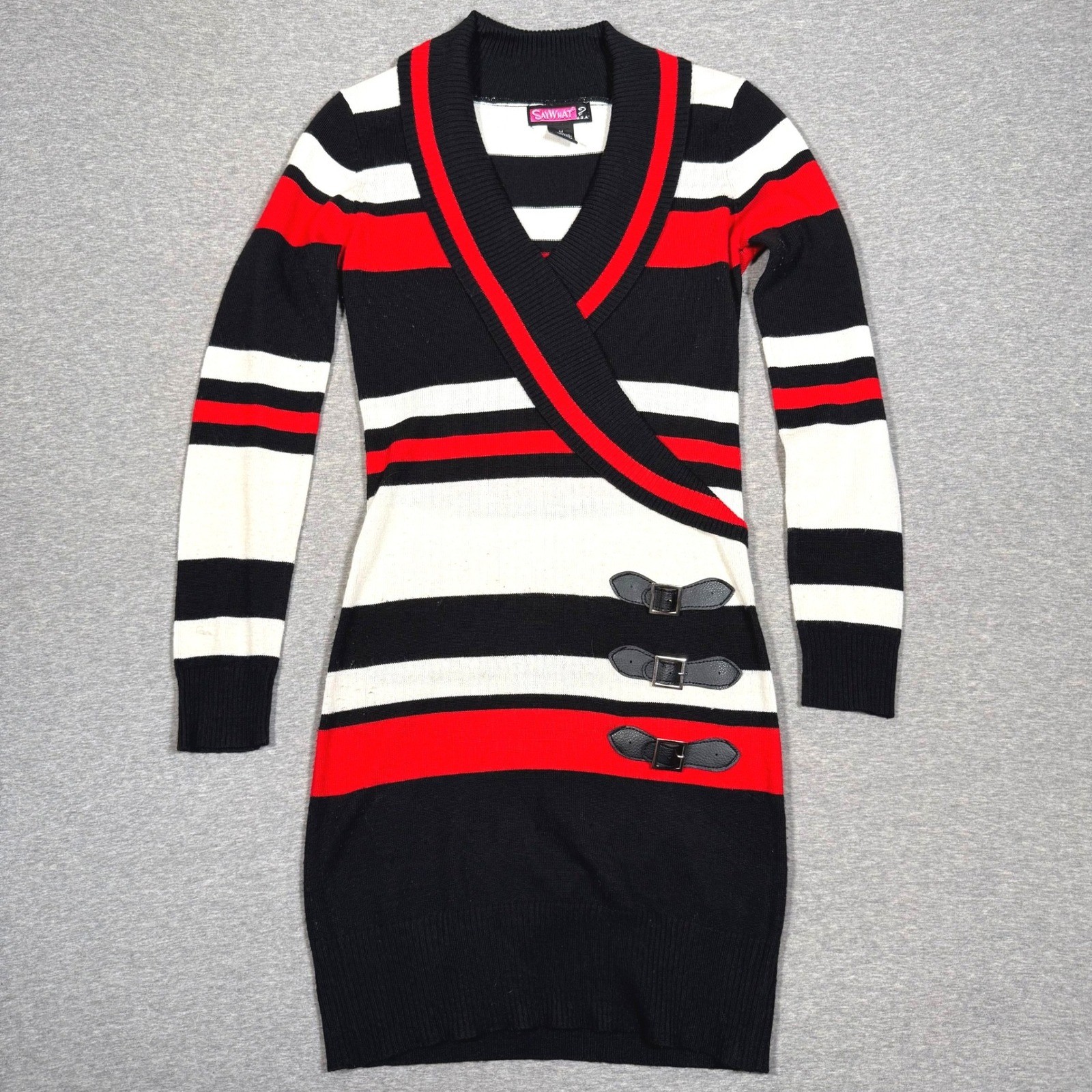 Say What? Women Red Black White Striped Buckle Accent Knit Sweater Dress Medium