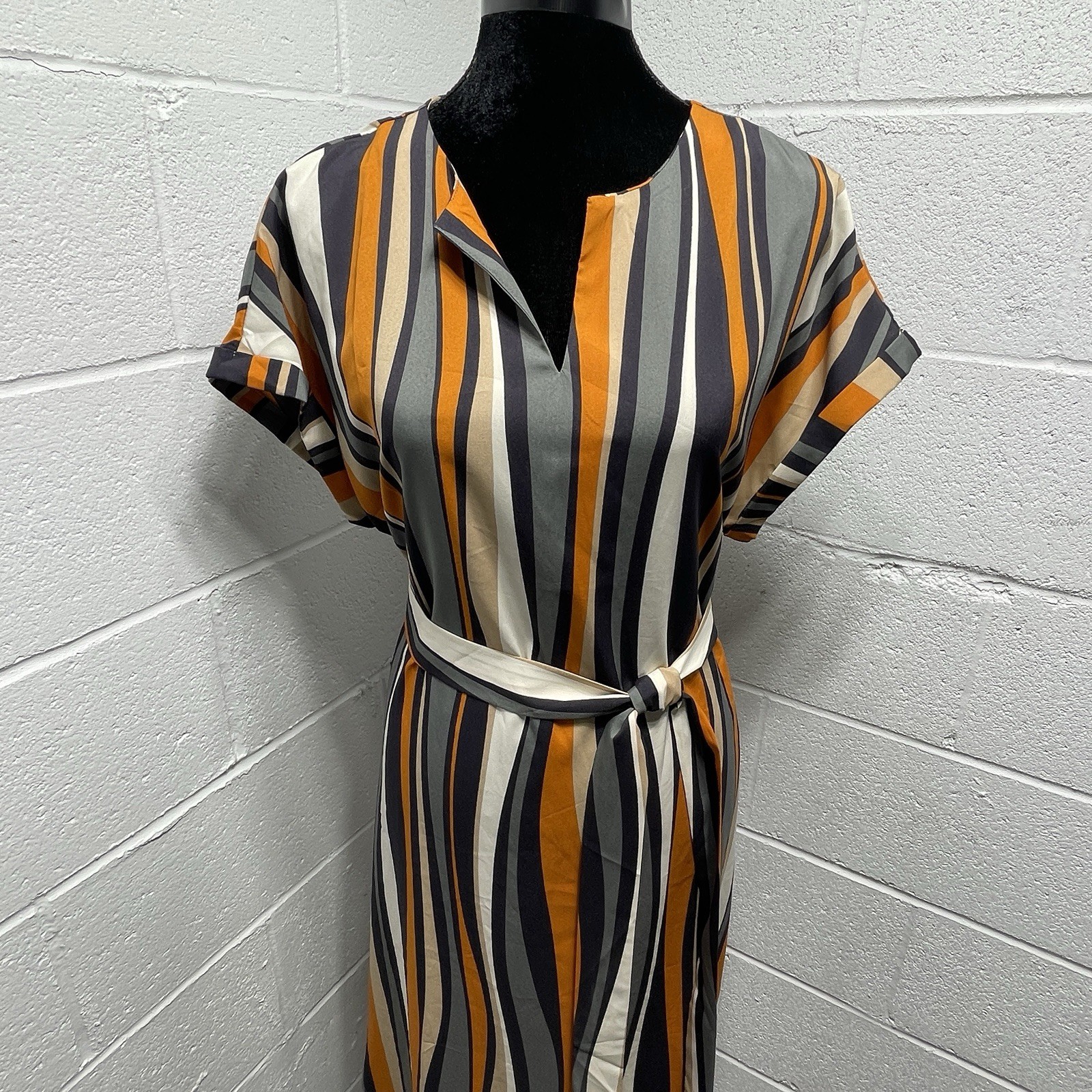 Emery Rose Notch Neck Striped Colorblock Belted Dress Sz Large