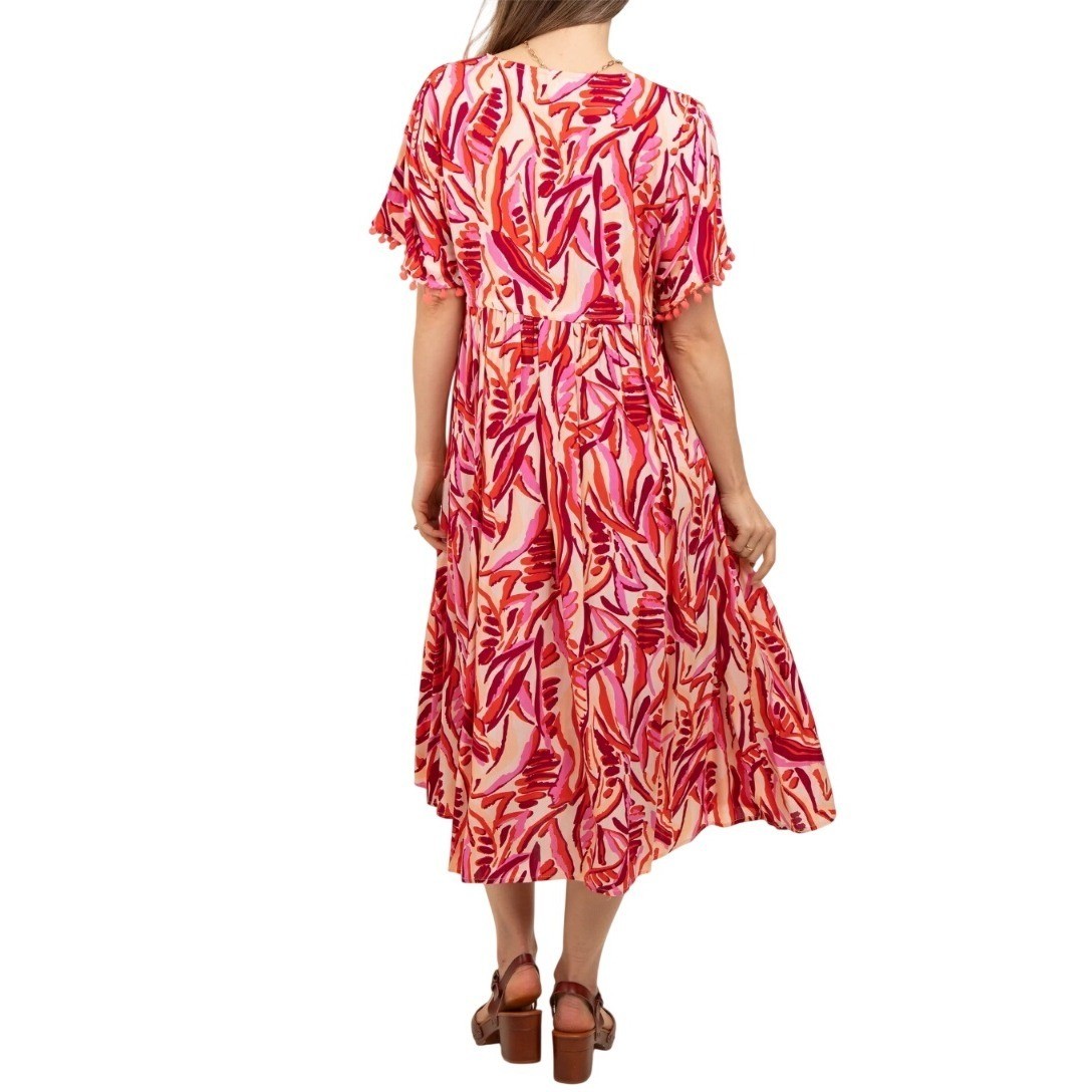 Umgee USA Abstract Leaf Print Embroidered V-Neck Boho Midi Dress L NWT $62