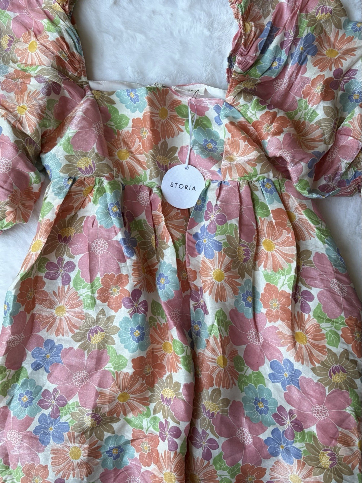 NWT Storia Floral Babydoll Puff Sleeve Square Neck Cottagecore Mini Dress