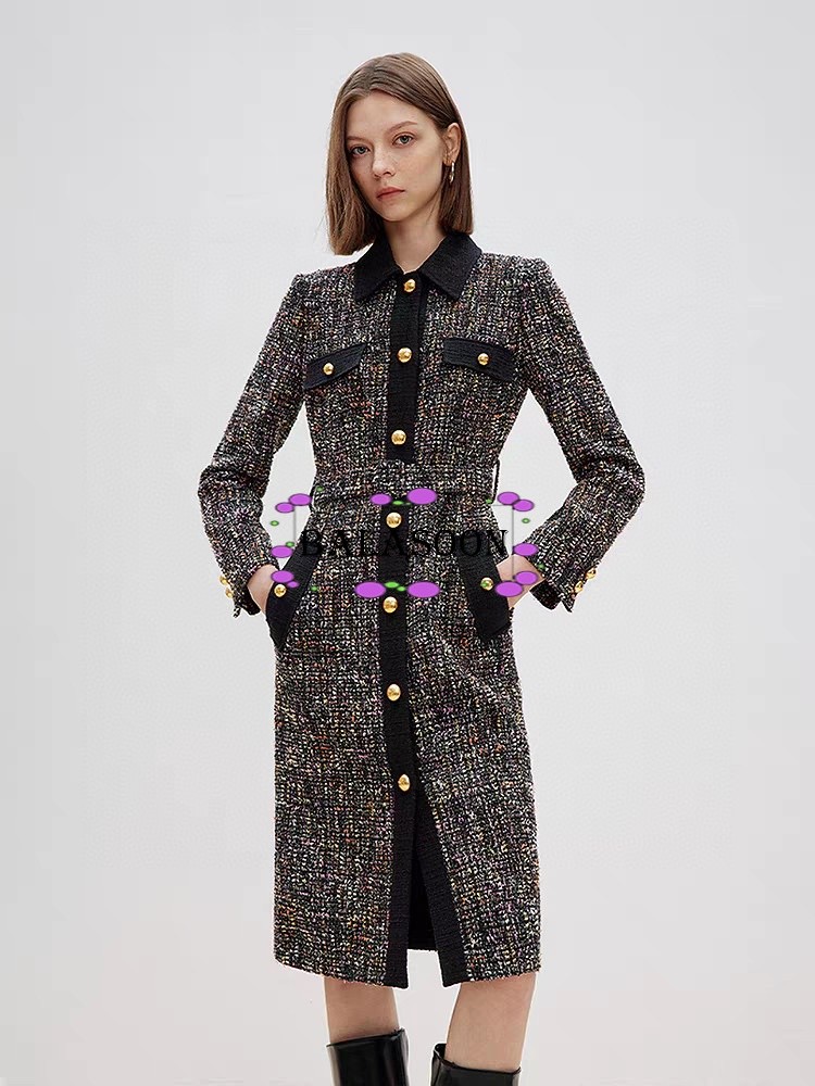 Colored Tweed Blended Fabric Floral Jacquard Lining Gold Buckle Lapel Slim Dress