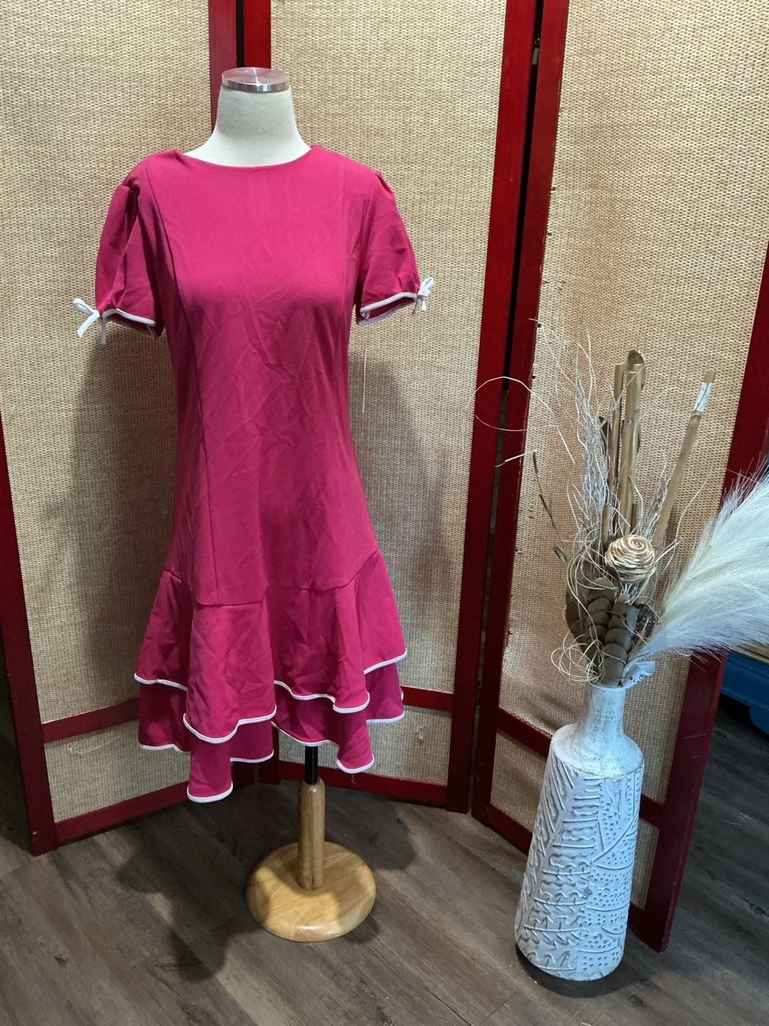 Shelby & Palmer Short Sleeve Mini Dress with Tiered Ruffles and Bow Details