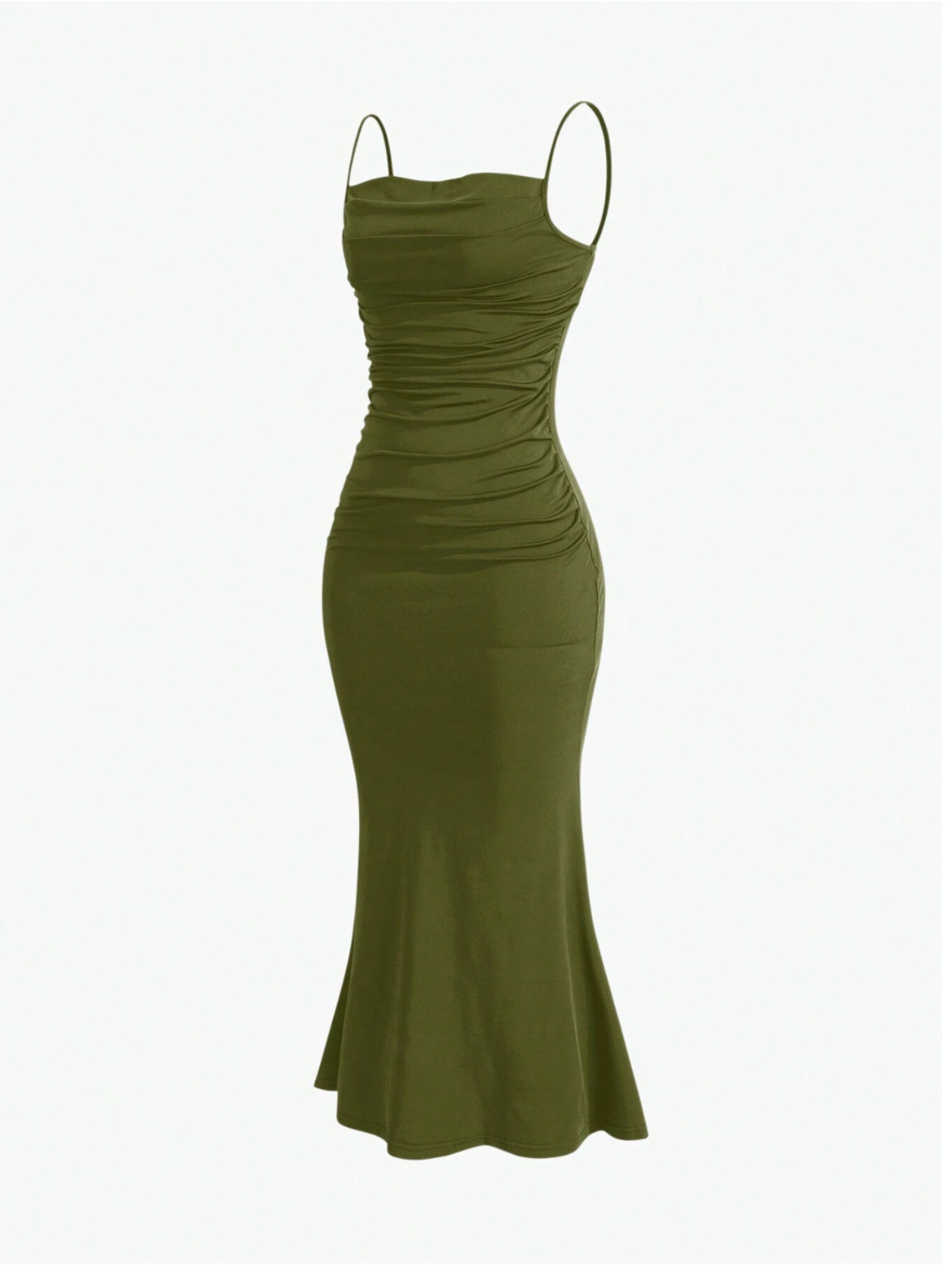 Army Green MOD Solid Ruched Mermaid Hem Cami Dress Sz XS S M L