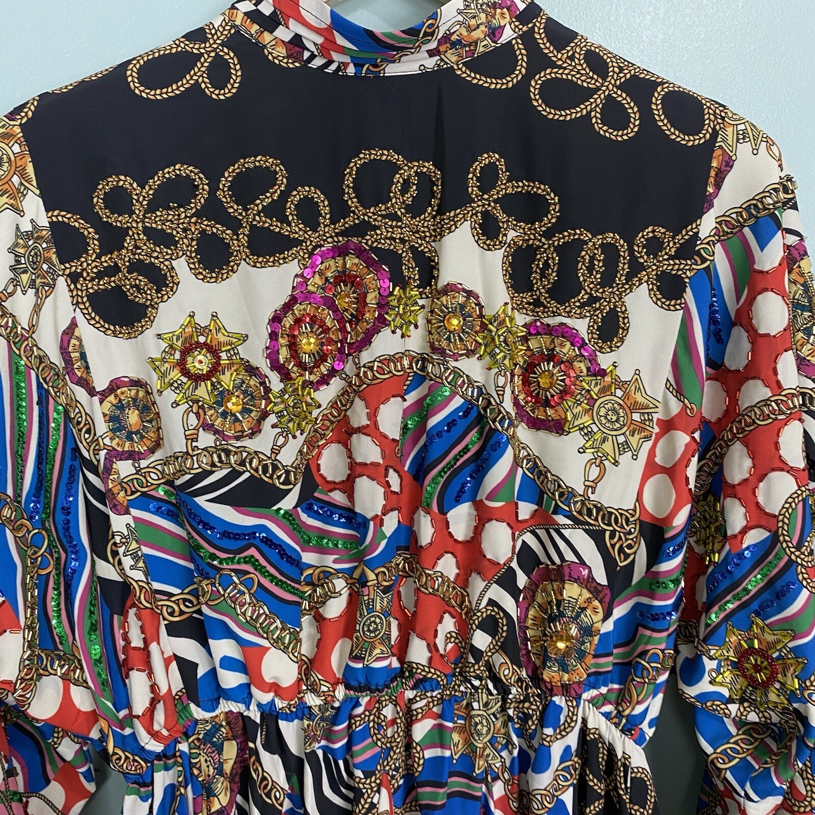 Rhode Caroline Chain Print Mini Dress Beaded Colorful Fit Flare Sz Small Sequin