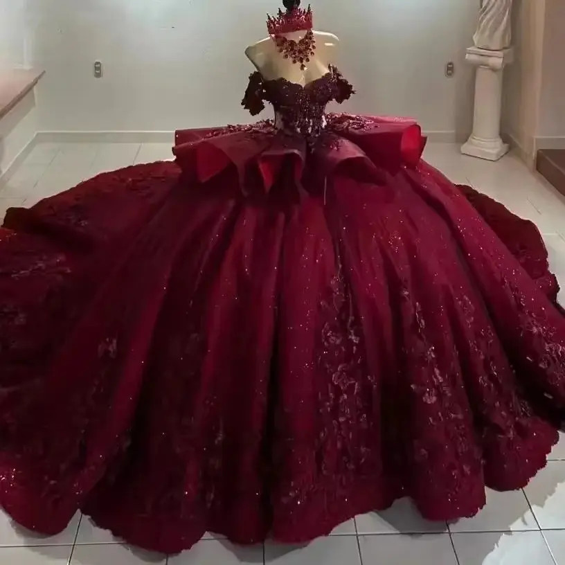 Quinceanera Dress Beading Lace Flower Birthday Party Train Vestidos De 15 Anos