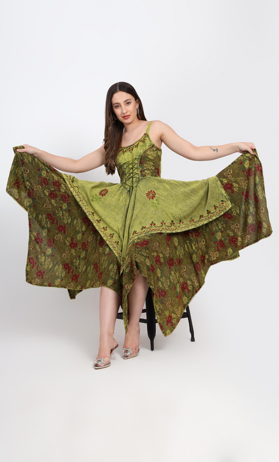 Bohemian Double Layered Lace Up Midi Dress Vintage-Inspired Asymmetrical Hemline