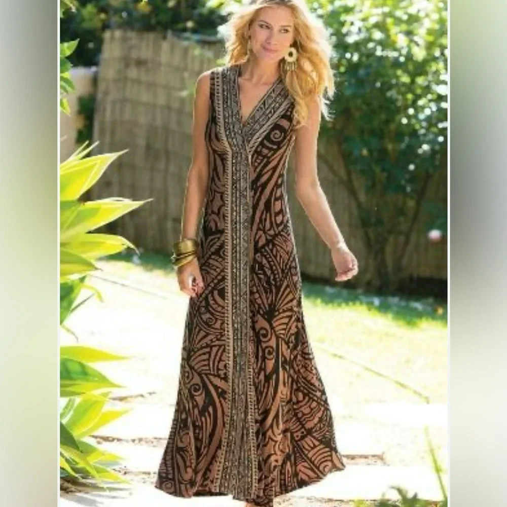 Soft Surroundings Ikaria Sleeveless Tribal Print Maxi Dress Black Brown Size L