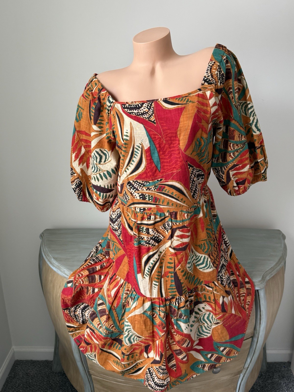 Resort Wear Summer Dress L Smocked Square Tiered Tropical Floral Coastal Palm